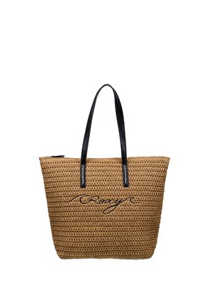 Hnedá tkaná taška na rameno s čiernymi koženými rúčkami a čiernym kurzívnym logom "Roxy" na prednej strane.