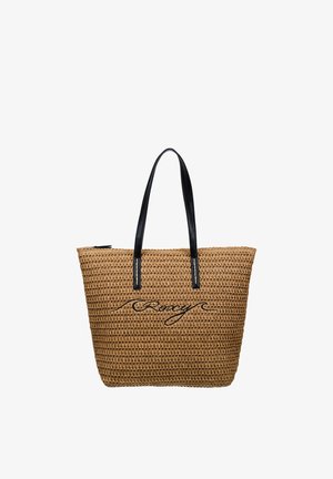 Bruine gevlochten draagtas met zwarte leren handvatten en zwart cursief "Roxy" logo aan de voorkant.