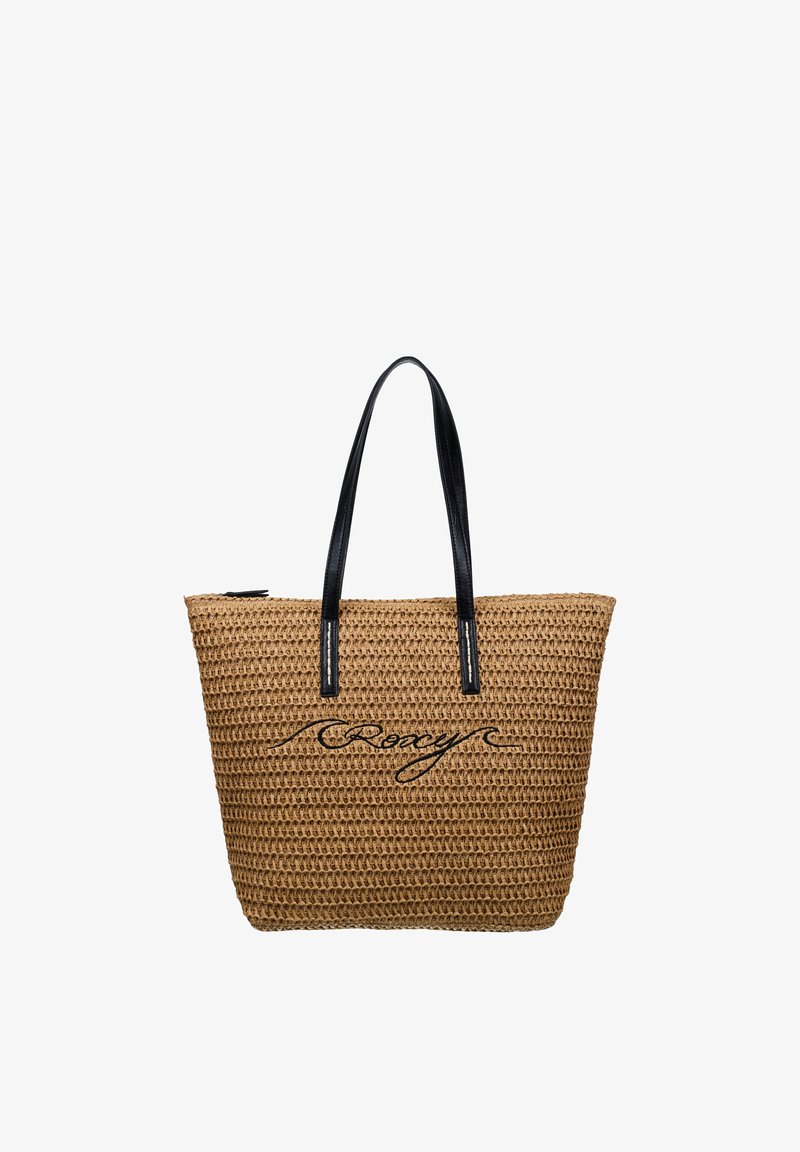 Bruine gevlochten draagtas met zwarte leren handvatten en zwart cursief "Roxy" logo aan de voorkant.