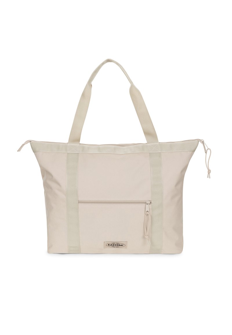 Borsa tote beige con una texture liscia, dotata di doppi manici, una tasca frontale con zip e dettagli a righe sui lati.