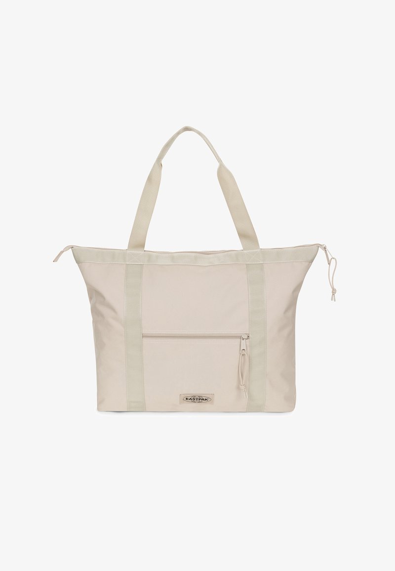 Borsa tote beige con una texture liscia, dotata di doppi manici, una tasca frontale con zip e dettagli a righe sui lati.