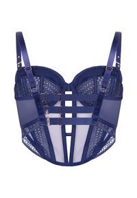 Marineblauwe bh met gaas en satijnen details. Voorzien van gevoerde cups, verstelbare bandjes en drie haak-en-oogsluitingen aan de achterkant.