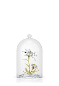 Una cupola di vetro trasparente che copre un fiore di cristallo con un gambo dorato, caratterizzato da una grande fioritura di cristallo e un fiore più piccolo con accenti gialli.
