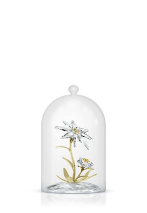 Clear glass dome covering a crystal flower with a gold stem, featuring a large crystal bloom and a smaller flower with yellow accents.