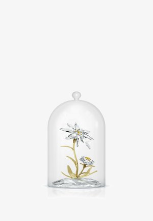 Klart glasdome der dækker en krystalblomst med en guldfarvet stamme, som har en stor krystalblomst og en mindre blomst med gule accenter.