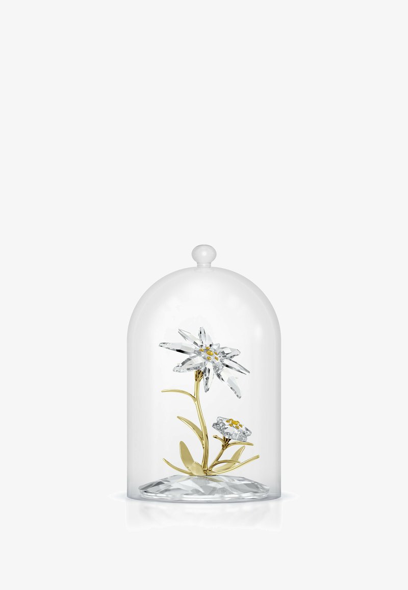 Una cupola di vetro trasparente che copre un fiore di cristallo con un gambo dorato, caratterizzato da una grande fioritura di cristallo e un fiore più piccolo con accenti gialli.