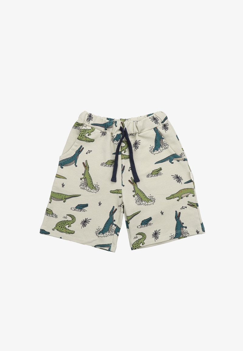Shorts in light beige fabric featuring a pattern of green and blue crocodiles. Elastic waistband with a navy drawstring. Two side pockets.