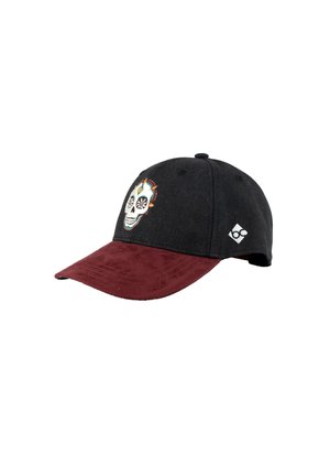 Schwarze und dunkelrote Baseballkappe mit buntem, besticktem Totenkopf auf der Vorderseite und kleinem weißen Logo an der Seite.