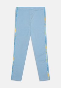 Lichtblauwe leggings van zacht materiaal, met kleurrijke gestreepte zijkanten in blauw, groen, geel en oranje. Elastische tailleband.