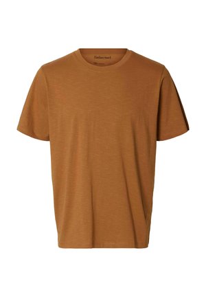 Bruine T-shirt met korte mouwen gemaakt van gestructureerde stof. Rond de hals ontwerp, relaxed fit, met subtiele kleurvariaties in het materiaal.