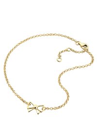 Guld-tone armbånd med en delikat kæde og et bueformet charm i midten. Har en hummerlås for sikker lukning.