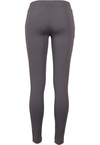 Graue Leggings aus dehnbarem Material. Enganliegendes Design mit glatter Oberfläche, keine sichtbaren Taschen und schlanke, schmal zulaufende Beine.