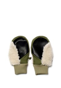 Guanti verdi con palmi in pelle nera e morbidi dettagli in finta pelliccia color crema, dotati di polsini a coste per una vestibilità sicura e caldo.