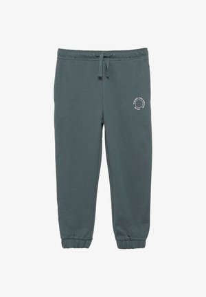 Ciemnozielone spodnie dresowe wykonane z mieszanki bawełny, posiadające elastyczny pasek w talii z sznurkiem, elastyczne mankiety oraz okrągły detal z logo.