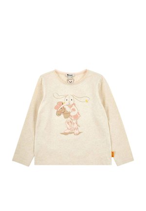 Long-sleeve cream shirt featuring a rabbit graphic holding a carrot. The fabric is soft with a round neck and subtle textured detail.