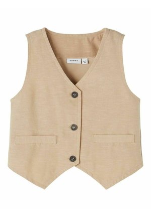 Beige vest med V-udskæring, knaplukning foran og to påsyede lommer. Fremstillet i tekstureret stof med en skræddersyet pasform.