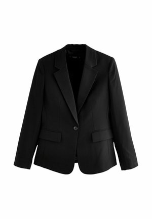 Černý blazer vyrobený z tkané látky, s jedním knoflíkem, špičatými klopami, dvěma předními kapsami a strukturovaným střihem.
