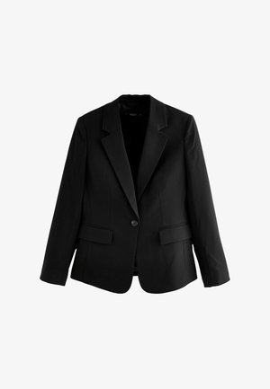 Black blazer made of woven fabric, featuring a single-button closure, pointed lapels, two front pockets, and a structured fit.