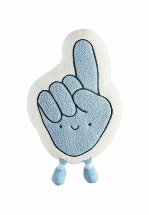 Weicher blau-weißer Plüsch in Form einer Hand mit nach oben zeigendem Zeigefinger, mit einem lächelnden Gesicht und zwei kleinen Beinen mit Schuhen.