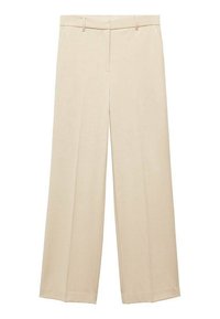 Beige wijde broek gemaakt van een gladde stof met een platte voorkant, riemlussen en een schone afwerking aan de zoom. Geen zichtbare patronen of accenten.