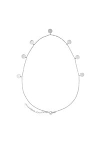 Collana in argento con sette dischi rotondi di dimensioni alternate, con chiusura a moschettone e lunghezza regolabile. Design minimalista.
