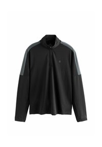 Zwart langemouwen pullover met een hoge kraag, voorzien van grijze schouderaccenten en een half-ritssluiting voor een strakke, athletische uitstraling.