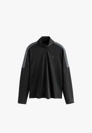 Black long-sleeve pullover with a high collar, featuring gray shoulder accents and a half-zip closure for a sleek, athletic look.