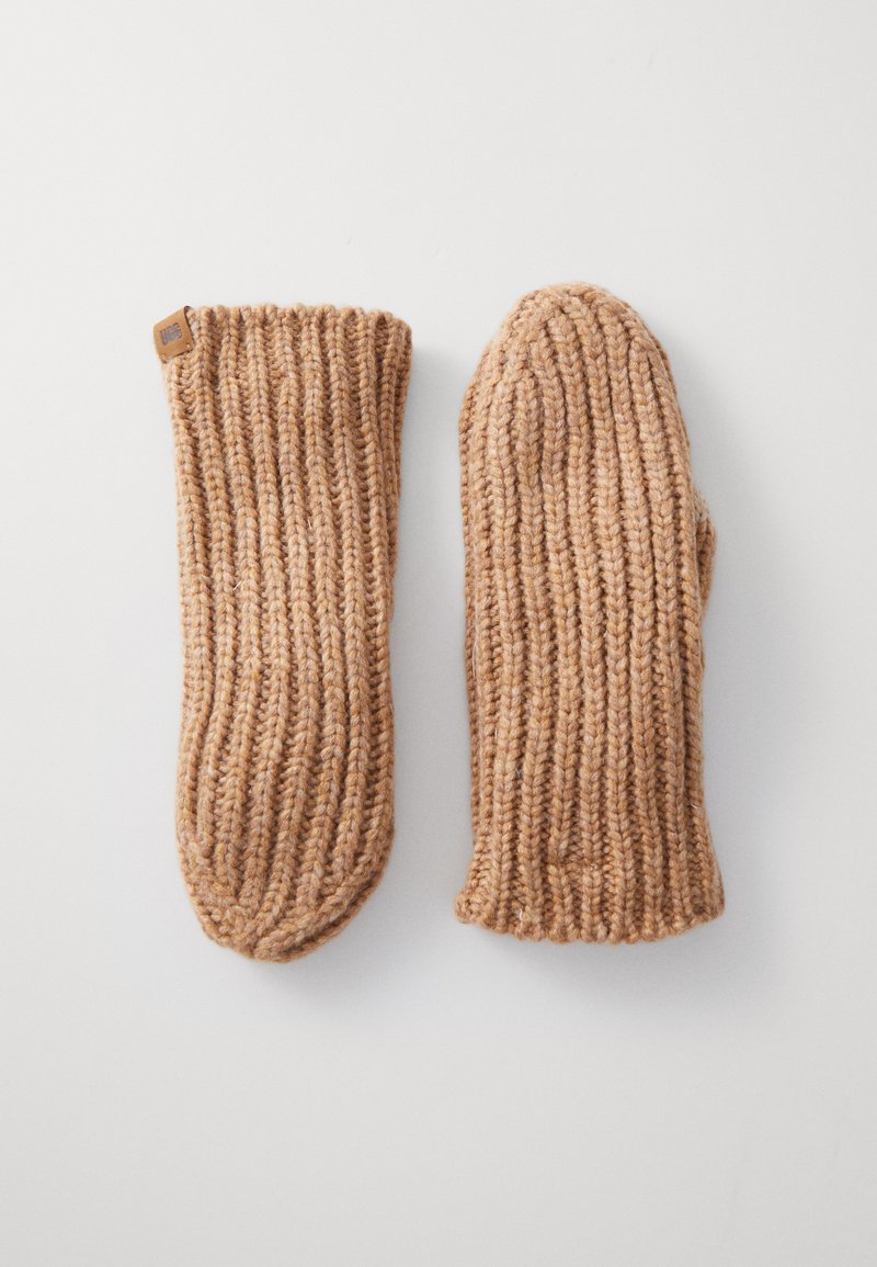Muffole in maglia marrone con texture a costine, caratterizzate da una forma allungata e un piccolo etichetta su un lato. Materiale in lana morbida.