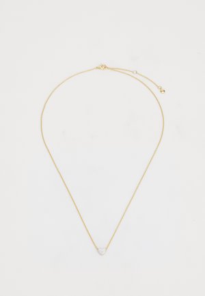 Colar de corrente de ouro com um design delicado, apresentando um pequeno pingente em forma de coração adornado com gemas transparentes. Fecho ajustável para comprimento.