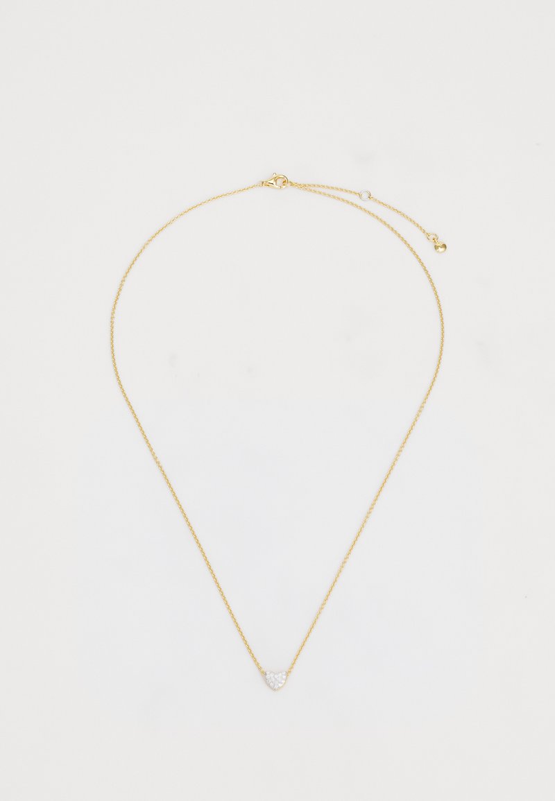 Gold chain necklace with a delicate design, featuring a small heart pendant adorned with clear gemstones. Adjustable clasp for length.