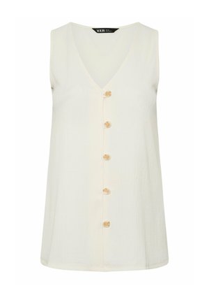 Blusa crema senza maniche con scollo a V e cinque bottoni frontali, realizzata in tessuto testurizzato.