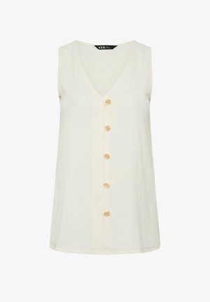 Ærmeløs cremefarvet bluse med V-hals og fem knapper foran, lavet af tekstureret stof.
