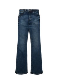 Modré džíny s rozšířenými nohavicemi a středně vysokým pasem, vybavené pěti kapsami a jemným zesvětlením. Lem je široký a s neupravenými okraji.