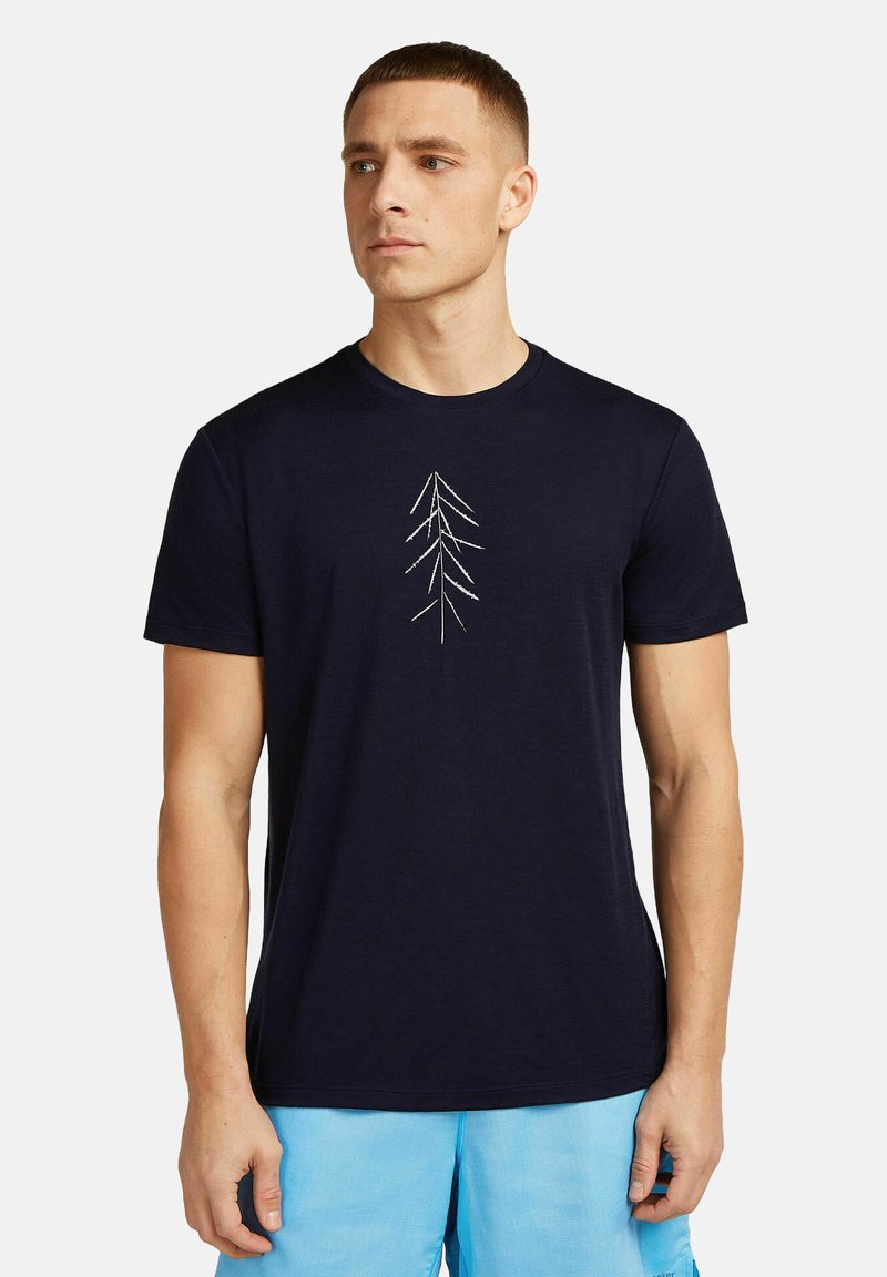 Navy blue cotton t-shirt featuring a white embroidered tree design on the front, short sleeves, and a crew neckline.