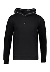 Black hoodie made of soft fabric with a front pocket, a ribbed hem, and a drawstring hood. Features a small white logo on the chest.