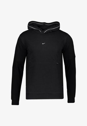 Zwarte hoodie van zacht materiaal met een voorzak, een geribde zoom en een capuchon met trekkoord. Bevat een klein wit logo op de borst.