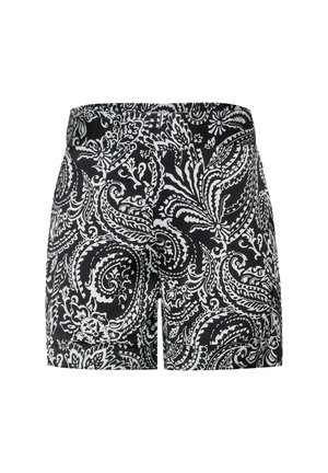 Black and white patterned swim shorts with a paisley design, featuring a smooth texture and an elastic waistband for comfort.