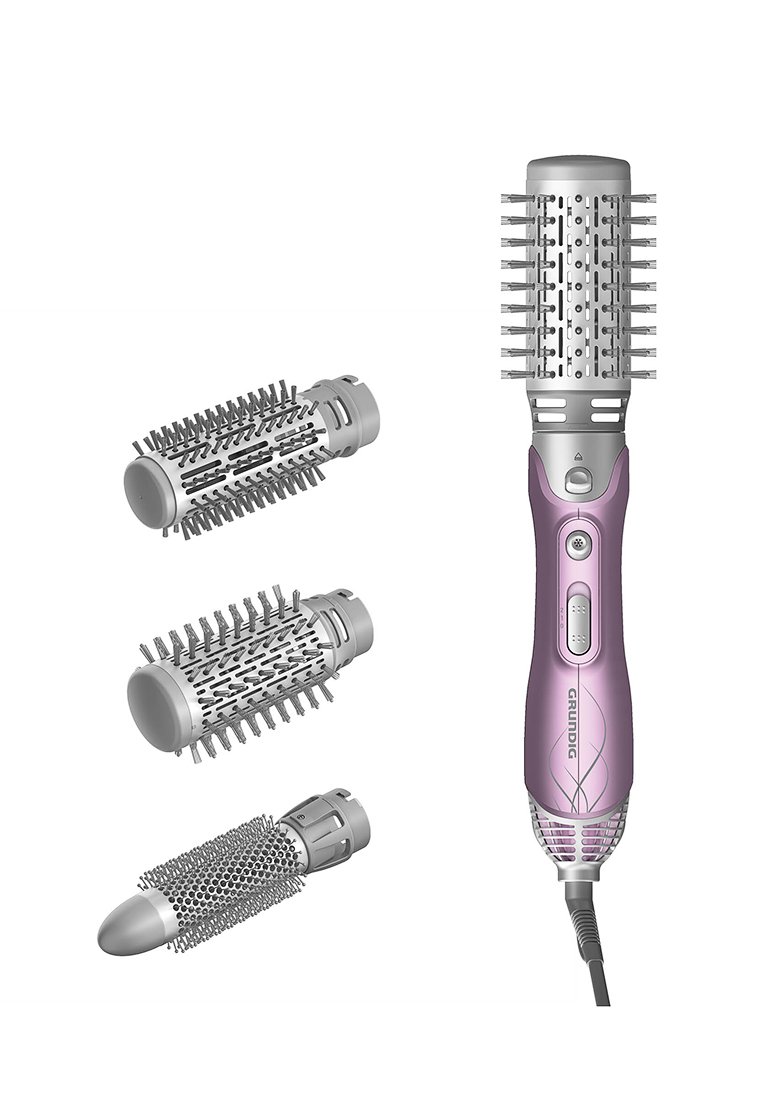 Große runde Haarbürste mit drei austauschbaren Bürstenaufsätzen in Silber und Grau. Der Griff ist rosa mit Steuerknöpfen und einem Netzkabel.