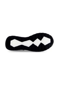 Schwarze Gummisohle mit weißen geometrischen Akzenten. Verfügt über ein strukturiertes Profil für den Grip, mit hexagonalen und geriffelten Mustern.