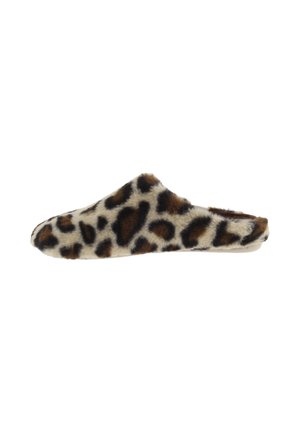 Zapatilla suave con parte trasera abierta y estampado de leopardo en tonos marrón, negro y beige.