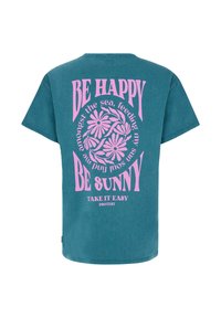 Teal cotton t-shirt featuring a pink printed graphic with text and floral design on the back. Short sleeves and a relaxed fit.