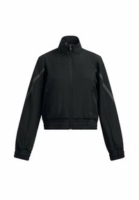 Giacca nera cropped realizzata in un tessuto morbido e elasticizzato. Presenta un colletto alto, zip intera e polsini elastici con dettagli grigi sulle maniche.