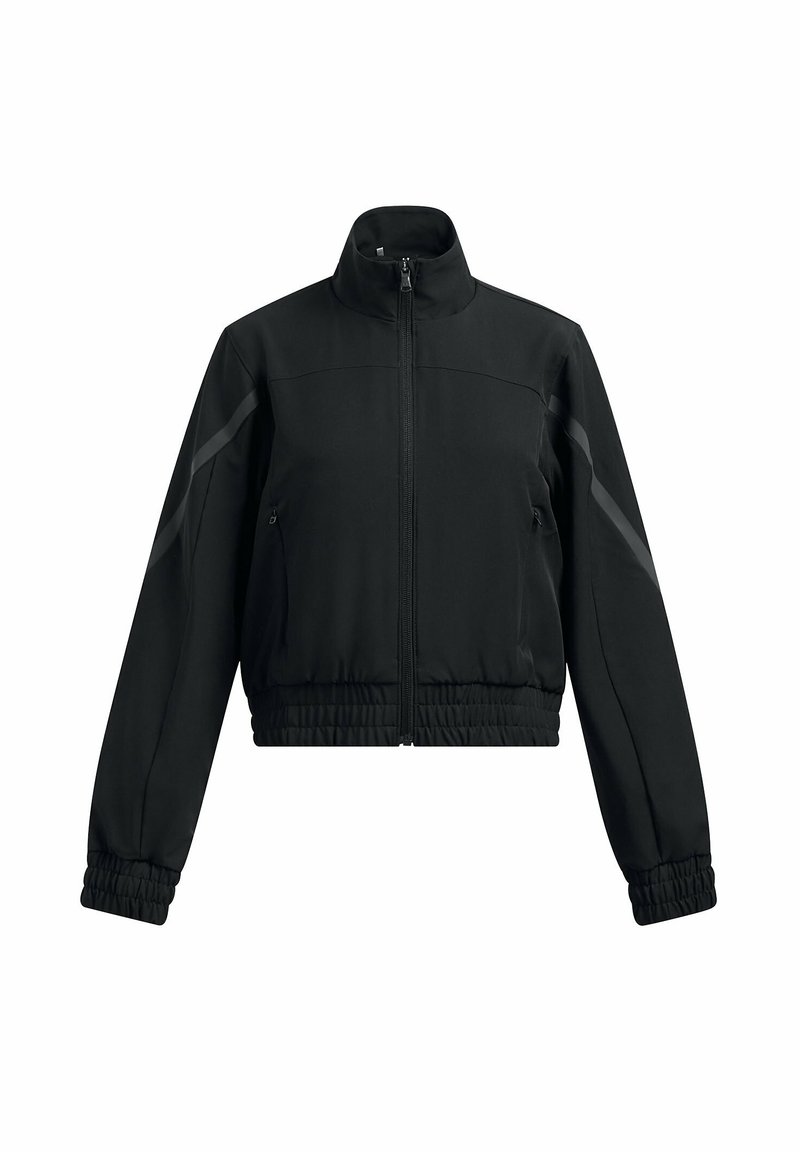 Giacca nera cropped realizzata in un tessuto morbido e elasticizzato. Presenta un colletto alto, zip intera e polsini elastici con dettagli grigi sulle maniche.