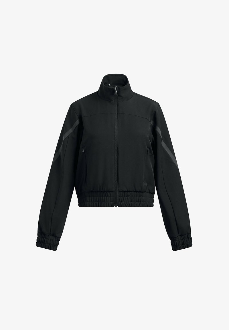 Black cropped jacket made of soft, stretchy fabric. Features a high collar, full zip, and elastic cuffs with gray accents on sleeves.