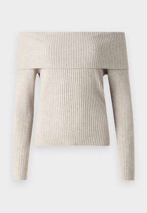 Off-the-shoulder, ribbed sweater in light beige, featuring long sleeves and a fitted design. Soft texture with a wide neckline.