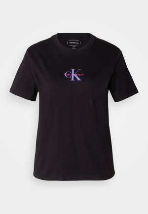 Black cotton t-shirt with a crew neckline. Features a front logo in purple and red. Short sleeves with a relaxed fit.