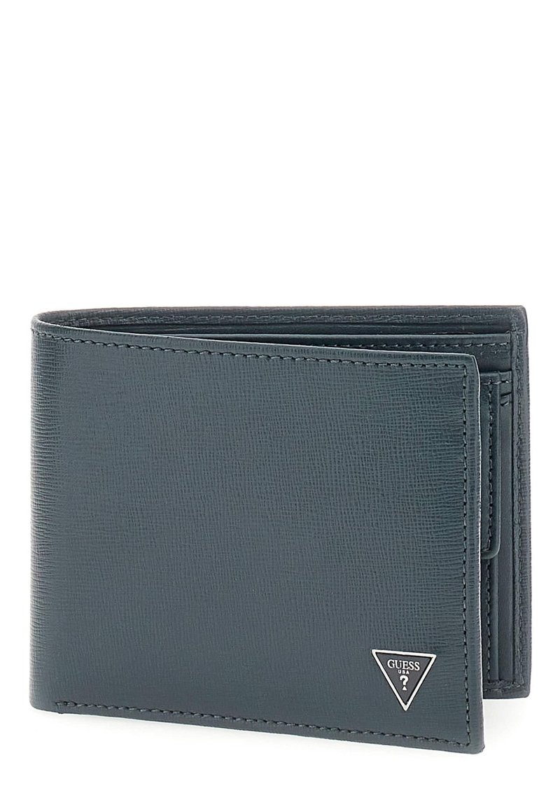 Dark gray leather wallet with textured surface, bi-fold design, and silver logo accent, featuring multiple card slots and a bill compartment.