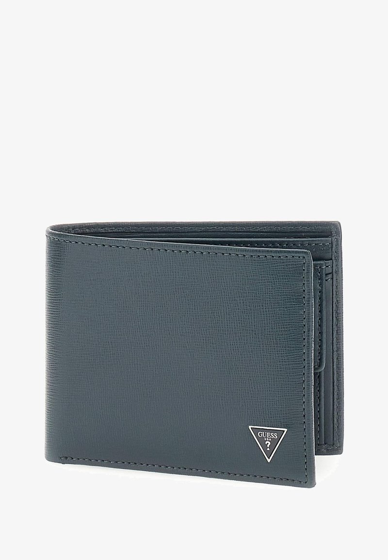 Dark gray leather wallet with textured surface, bi-fold design, and silver logo accent, featuring multiple card slots and a bill compartment.