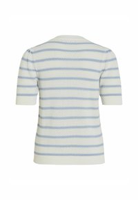 Suéter de punto de manga corta en blanco con rayas azul claro, que presenta un patrón texturizado y un cuello y puños de canalé.