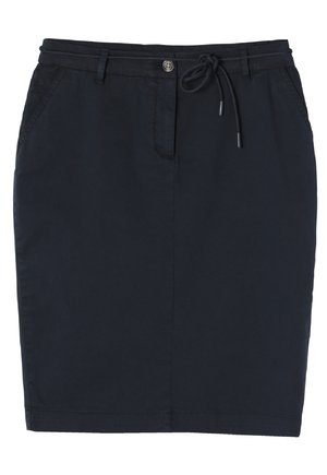 Marineblå blyantskirt lavet af bomuld med knaplukning, snoreliv og to sidelommer. Glat overflade og knælang.